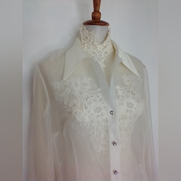 SHEER WHITE BLOUSE WITH RHINESTONE CUFFS - Picture 7 of 11